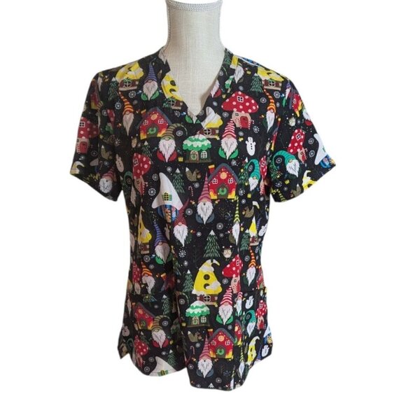 GT Performance Christmas Gnomes Black V Neck Scrubs Top Medium - Picture 1 of 5